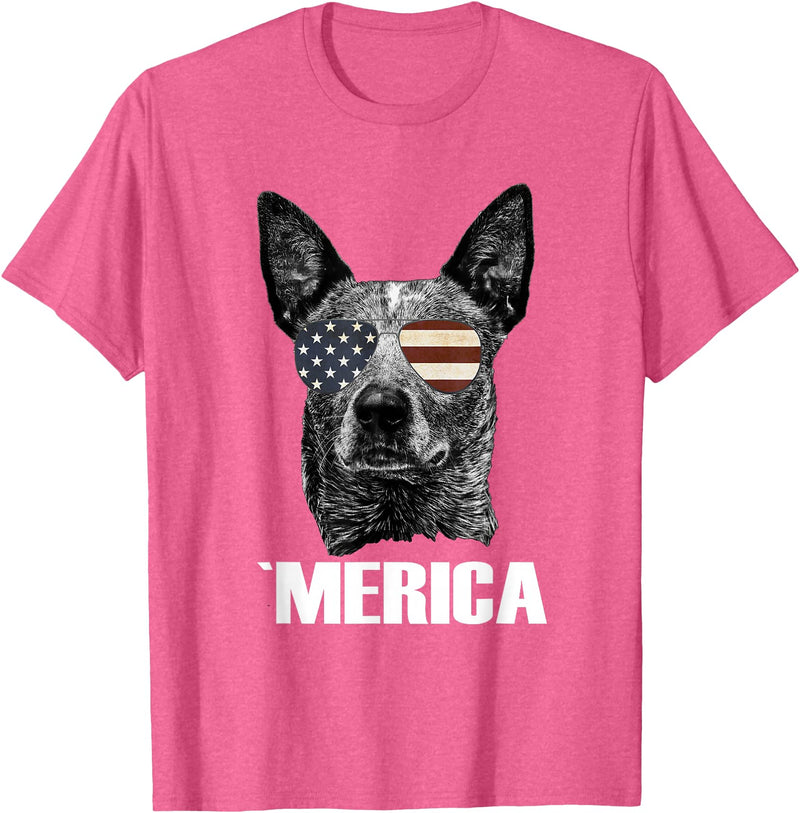 Australian Cattle Dog Patriotic Tee Gifts Merica Australian Cattle Dog with USA Flag Sunglasses Gift T-Shirt - Pink Heather