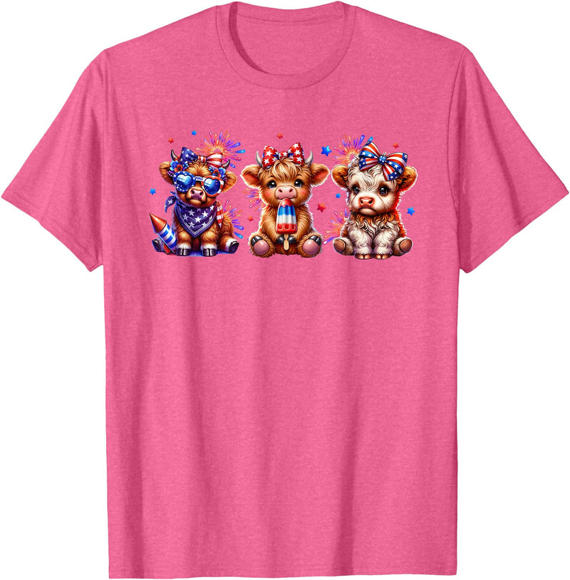 July 4th Highland Cow Farm Lovers American Costume Highland Cow Cattle Animal Lover Patriotic 4th of July T-Shirt - Pink