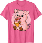 Funny Cute Pig Ice Cream Kawaii Design Pig Eating Ice Cream Graphic Boys Girls Pig Lover T-Shirt - Pink Heather