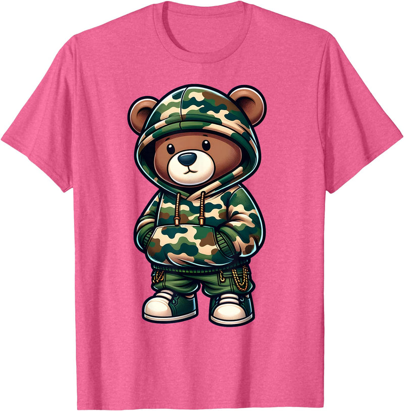 Camo Teddy Bear Hip Hop Designs for Men & Boys Camo Hip Hop Teddy Bear Camouflage Gangsta Streetwear Hustle T-Shirt - Pink Heather