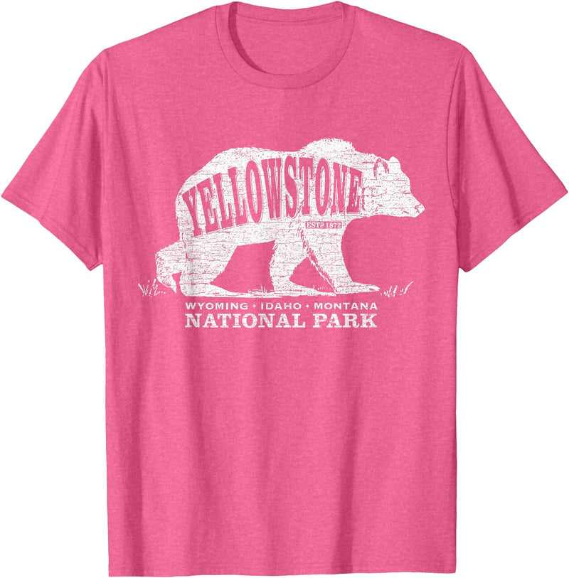 Vintage Yellowstone Retro Tees Tanks Tops Grizzly Bear Yellowstone National Park Est. 1872 T-Shirt - Pink Heather