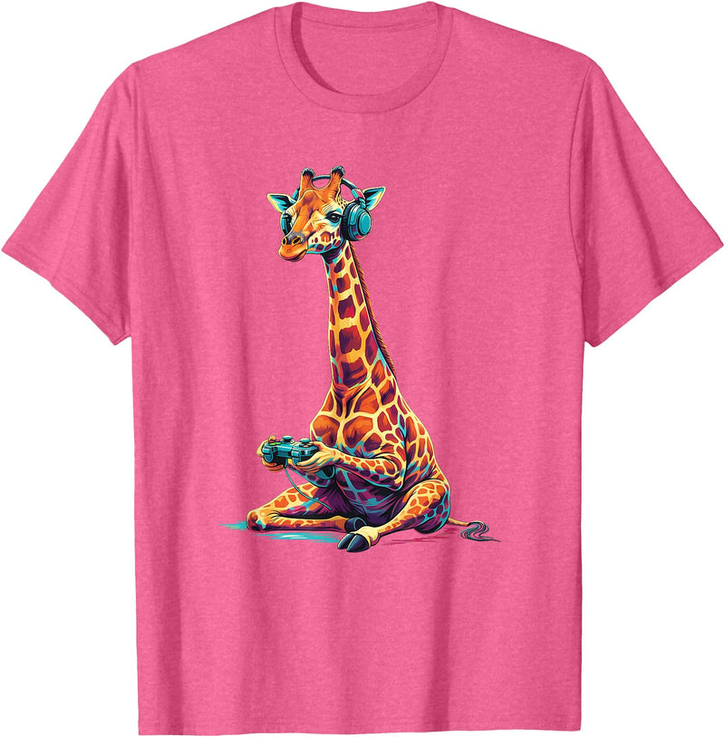 Giraffe Gamer Lovers Animal Men Women Kids Giraffe Gaming Animal Video Games Funny Giraffe T-Shirt - Pink Heather
