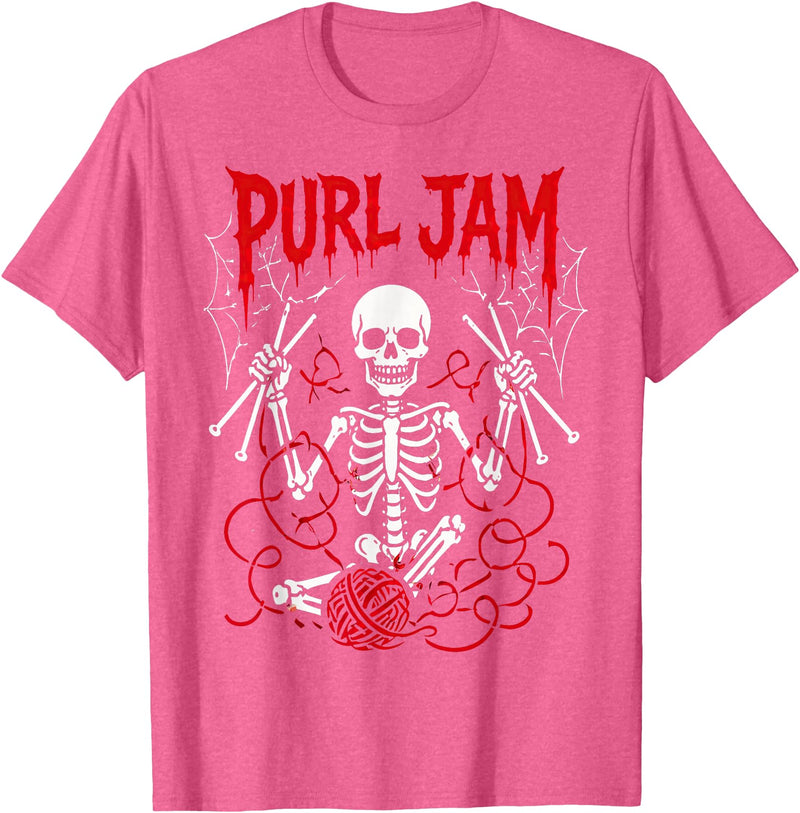 Bone Knitting Co. Purl Jam Skeleton Knitting Craft Lover Funny Design T-Shirt - Pink Heather