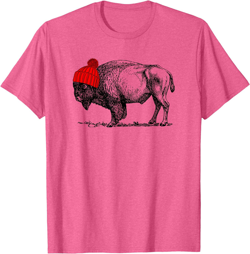 Buffalo Beanie Buffalo Wearing a Beanie Stocking Hat T-Shirt T-Shirt - Pink Heather