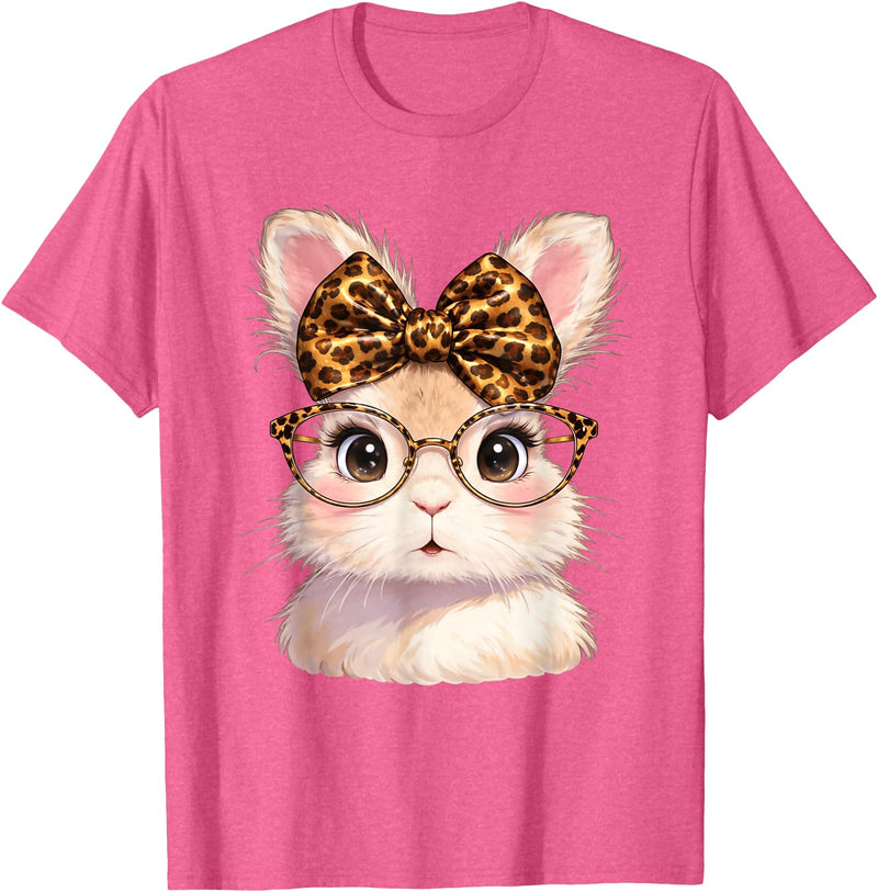 Easter Cute Bunny Rabbit with Glasses Leopard Coquette Bow T-Shirt in Pink Heather