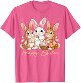 Happy Easter Women Girls Cute Bunny Rabbit Easter Day T-Shirt in Pink Heather