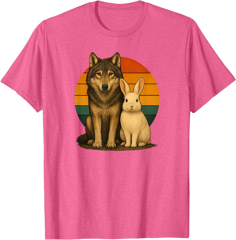 Wolf Rabbit Retro Animal Friends T-Shirt in Pink Heather