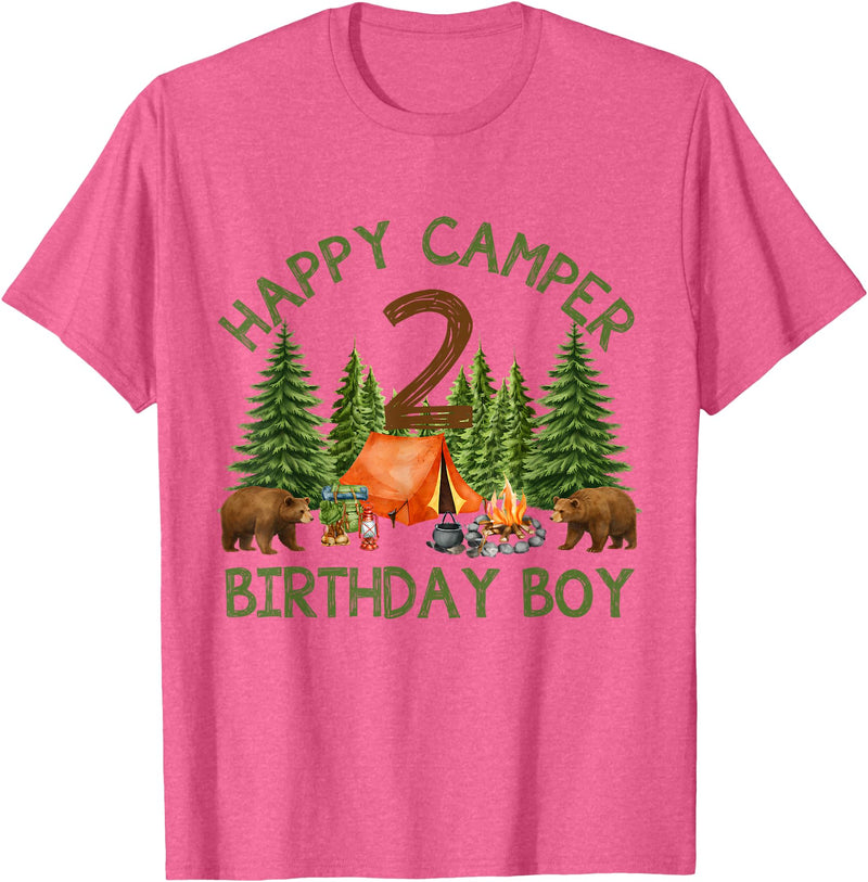 Camping 2nd Birthday Adventure Family Matching Camper 2nd Birthday Boy Forest Bear Camping Adventure Gift T-Shirt - Pink Heather