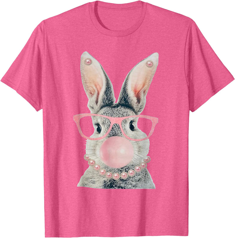 Cute Rabbit Lover Bunny Graphic T-Shirt (Grass Green) in Pink Heather