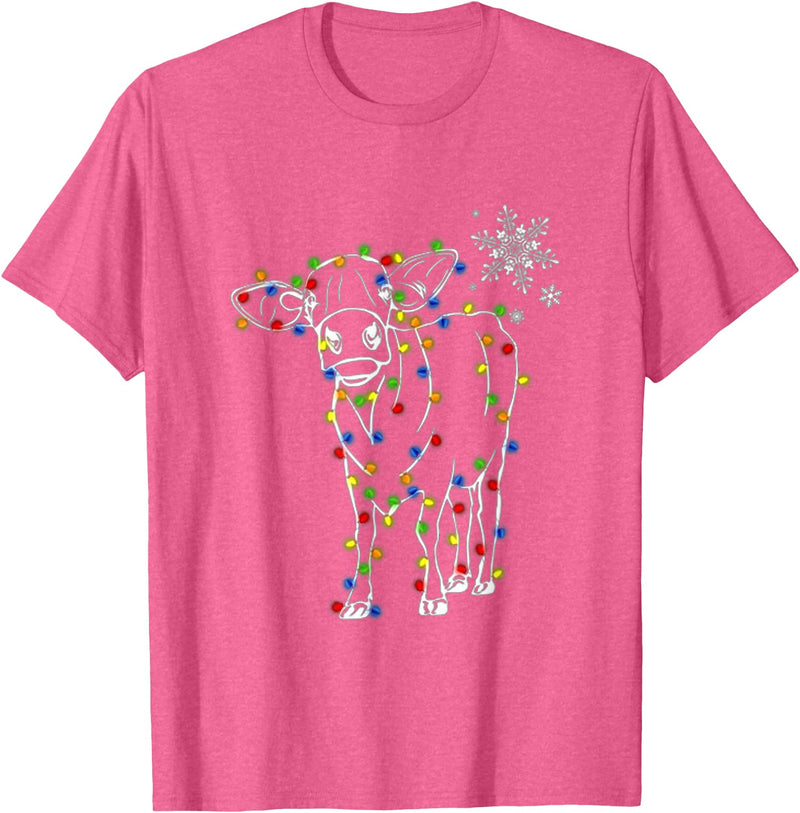 Cow Christmas Light Tree Cow Xmas Snow Lover T-Shirt - Pink Heather