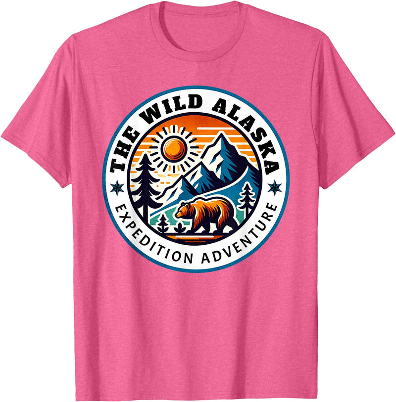 Hiking Glacier Bear and Alaska Frontier Apparel Glacier Mountain Landscape and Alaskan Bear Wildlife T-Shirt - Pink Heather