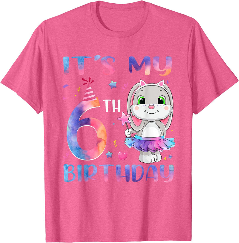 It's My 6th Birthday Bunny Rabbit 6 Years Old Boy Girl T-Shirt in Pink Heather