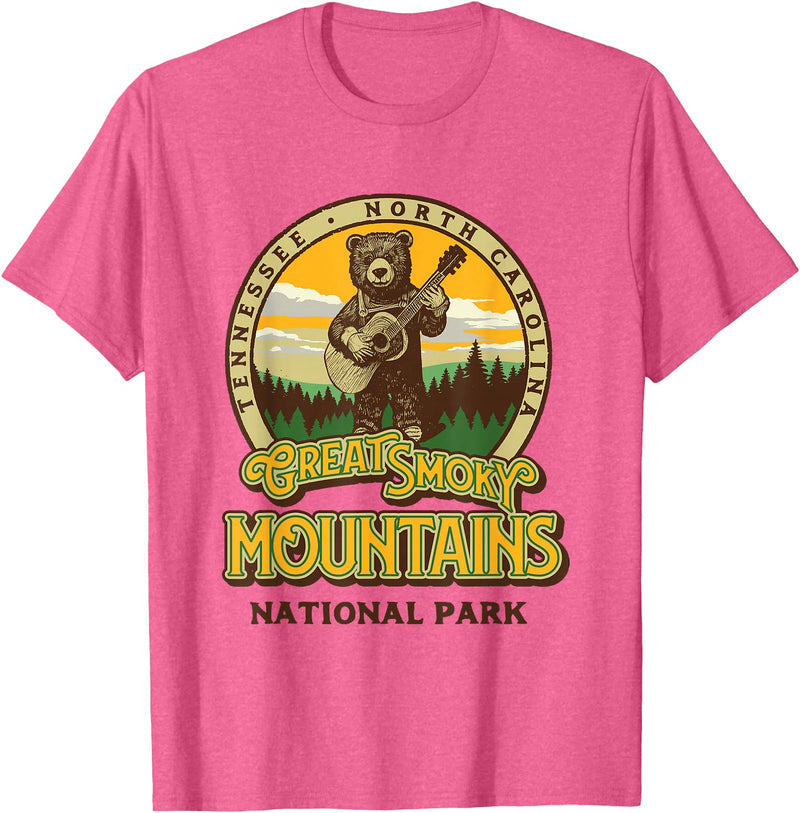 The Thrift Garage Great Smoky Mountains National Park Guitar Bear Cute Smokies T-Shirt - Pink Heather