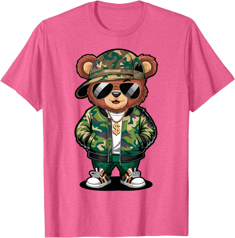 Magical and Funny Teddy Bear Gifts Hip Hop Teddy Bear Camouflage Rap Music T-Shirt - Pink Heather