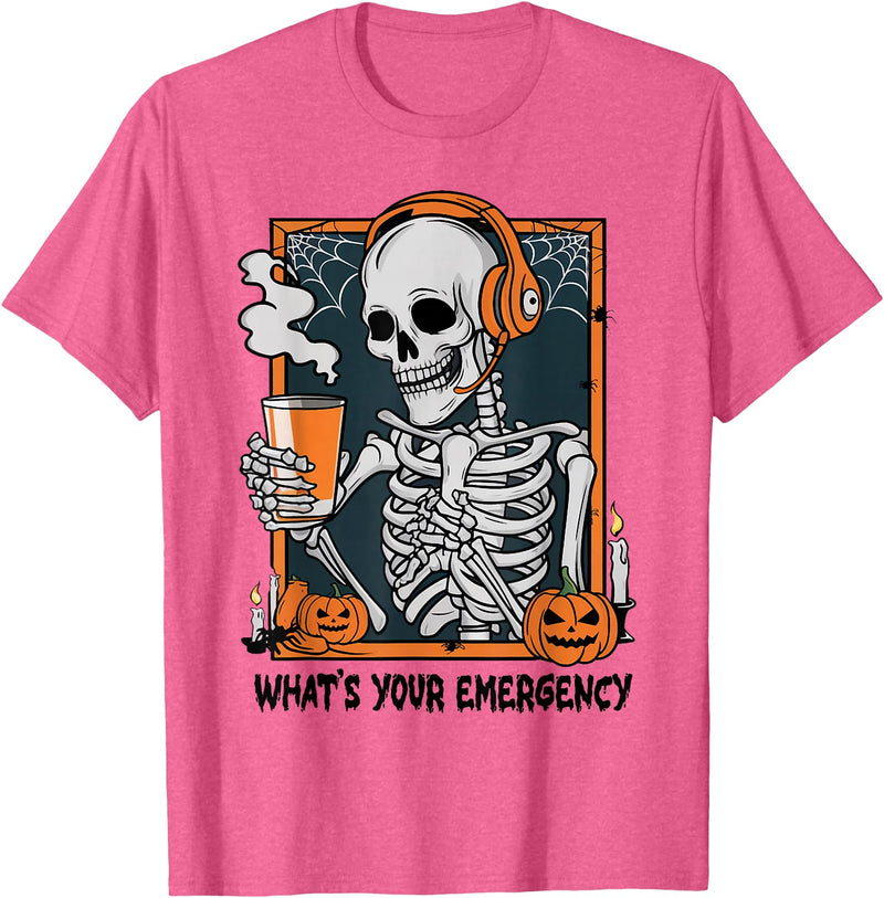 Funny 911 Dispatcher Halloween Skeleton What Your Emergency T-Shirt - Pink Heather