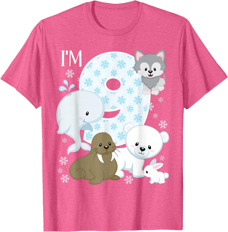 Arctic Animals Birthday Party Family Matching Bday Arctic Animals 9th Birthday Polar Bear Walrus Fox Sea Theme T-Shirt - Pink Heather