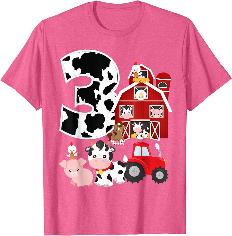 3 Birthday Farm 3 Years Old 3rd Bday Party Supply Farm Barnyard Theme Pig Cow Horse 3rd Birthday 3 Yrs Old T-Shirt - Pink Heather