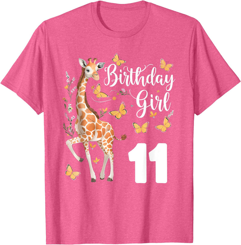 Giraffe Birthday Party by LazyPanda Giraffe 11th Birthday Girl 11 Years Old Giraffe Lover T-Shirt - Pink Heather