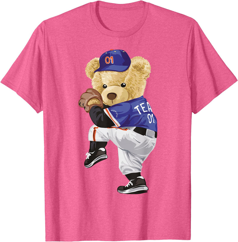 BERSLL Cute Teddy Bear Baseball Jug Sweatshirt T-Shirt - Pink Heather