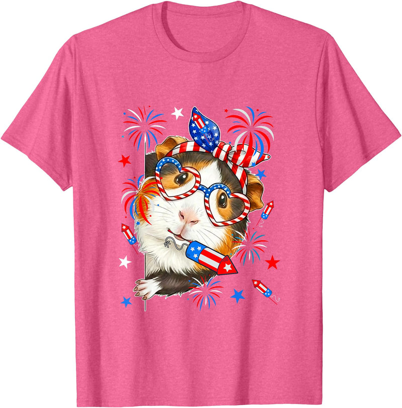 Rodent 4th Of July Costume Guinea Pig Sunglasses US Flag Bow Tie Fireworks 4th July T-Shirt - Pink Heather