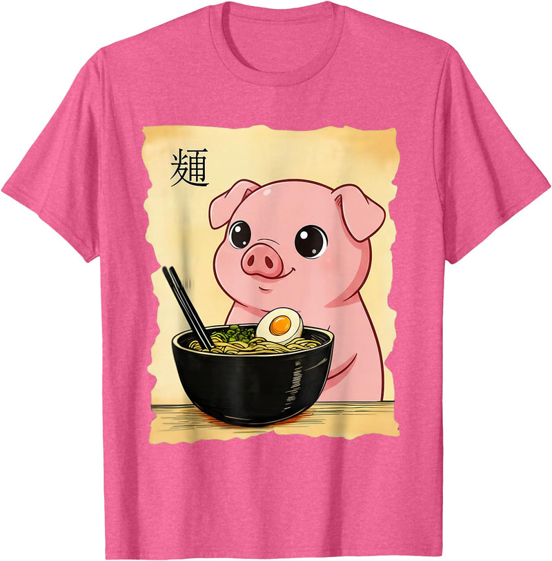 Funny Pig Anime Eating Ramen Pig Ramen Japanese Kawaii Anime Pig T-Shirt - Pink Heather
