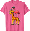 Funny Flamingo Riding Giraffe Cute Animals Funny Flamingo and Giraffe Cool Animals Friends T-Shirt - Pink Heather