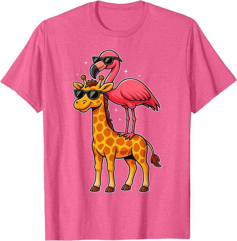 Funny Flamingo Riding Giraffe Cute Animals Funny Flamingo and Giraffe Cool Animals Friends T-Shirt - Pink Heather
