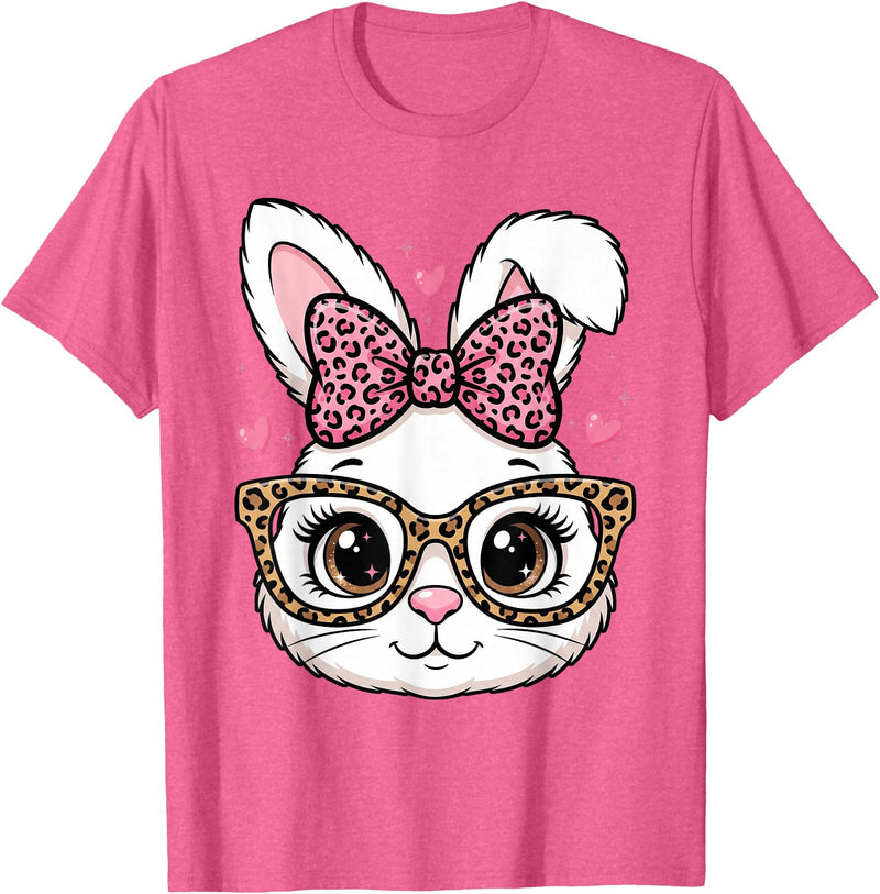 Cute Easter Rabbit Face Leopard Bow Sunglasses Bunny Girls T-Shirt in Pink Heather