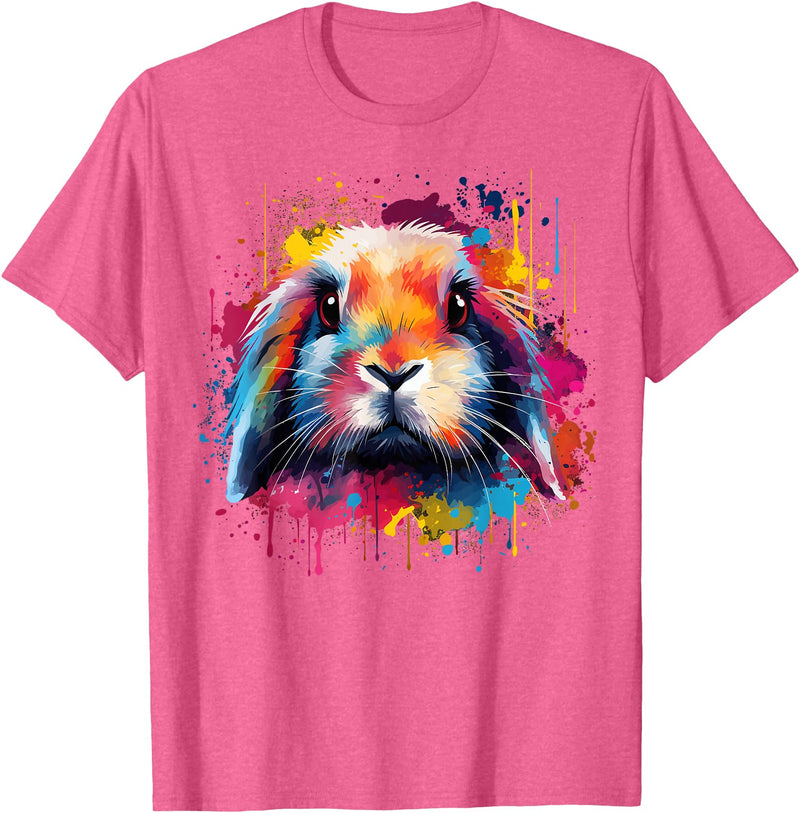 Cute Holland Lop Rabbit Lover Colorful Splash Art T-Shirt in Pink Heather