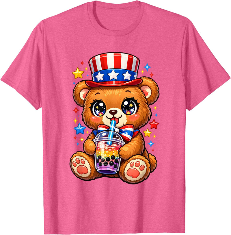 Kawaii Red White and Blue Fourth July Little Kids Cute Teddy Bear Patriotic 4th July Gift Bubble Boba Tea USA T-Shirt - Pink Heather