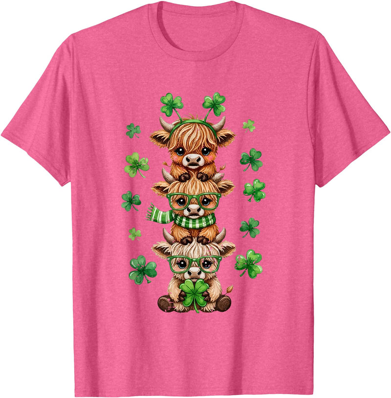 St Patricks Day Highland Cow Lucky Irish Shamrock Funny St Patrick's Day Highland Cow Lucky Shamrock Irish T-Shirt - Pink