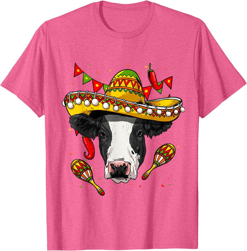 Wowsome! Cinco de Mayo Cow Mexican Lover Sombrero Cow T-Shirt - Pink Heather