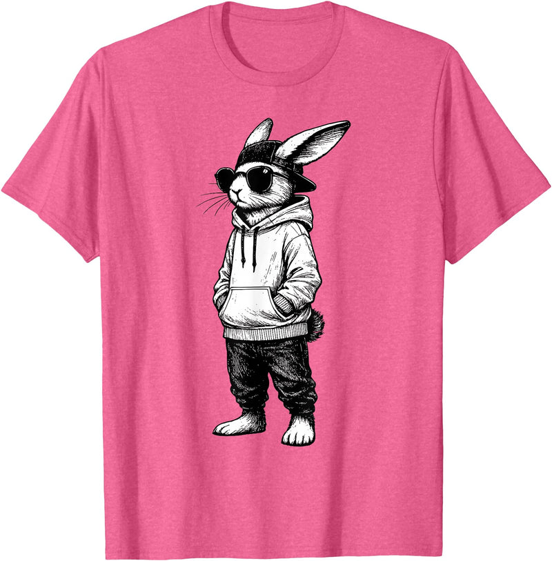 Rabbit Easter Bunny Face with Sunglasses Cap Easter Day T-Shirt in Pink Heather