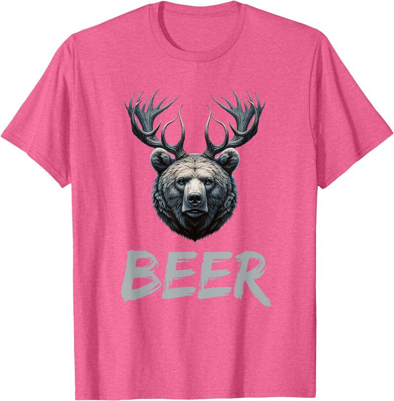 Bear With Antlers Drinker Party Deer Beer Beer Bear Deer Grizzly Bear With Antlers Beer T-Shirt - Pink Heather