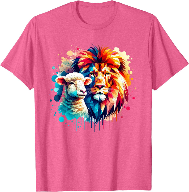Christian Clothing Lion And Lamb Christian Art Lion And Lamb Geometric Christian Clothing T-Shirt - Pink Heather