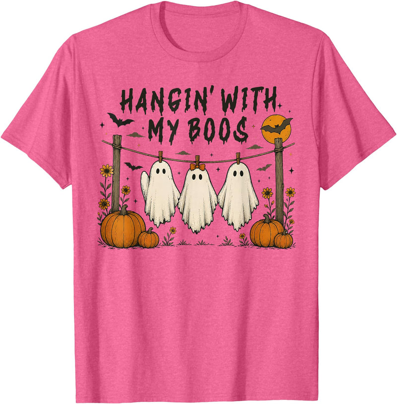 Retro Hangin’ With My Boos Funny Ghost Halloween T-Shirt - Pink Heather