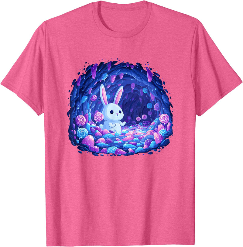 Enchanting Bunny in Candy Cave Fantasy World T-Shirt in Pink Heather