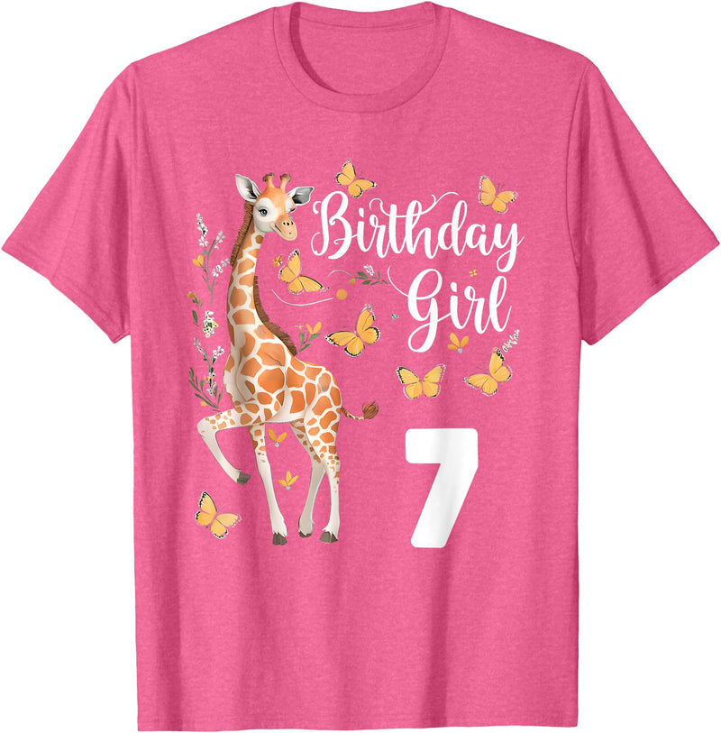 Giraffe Birthday Party by LazyPanda Giraffe 7th Birthday Girl 7 Years Old Giraffe Lover T-Shirt - Pink Heather