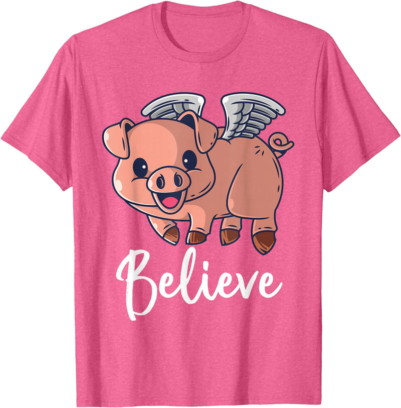 Buddy Tees Flying Pig with Wings Believe Motivational Pigs T-Shirt - Pink Heather