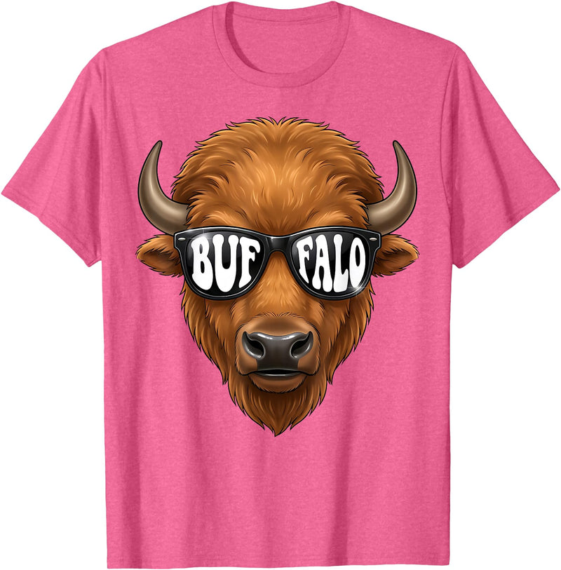 generic Buffalo with Sunglasses Wildlife Graphic for Men Women Kids T-Shirt - Pink Heather