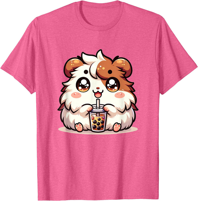 Cute Kawaii Animals Drinking Boba Tea Co. Cute Kawaii Chibi Guinea Pig Drinking Boba Tea T-Shirt - Pink Heather