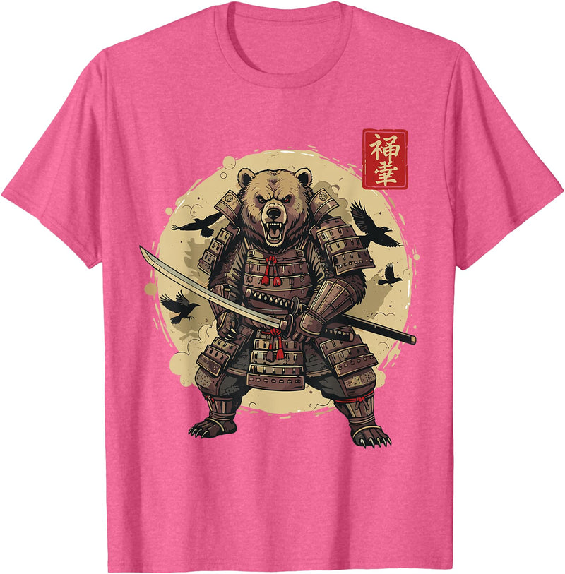 Anime Shirts For Men Women Kids Gifts Samurai Bear Shirt Warrior Vintage Graphic Japanese Men T-Shirt - Pink Heather