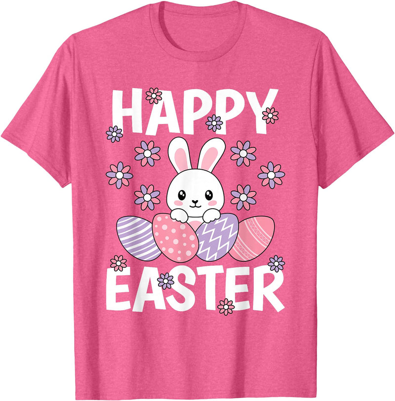 Cute Happy Easter Bunny Rabbit Egg Women Girls Kids T-Shirt in Pink Heather