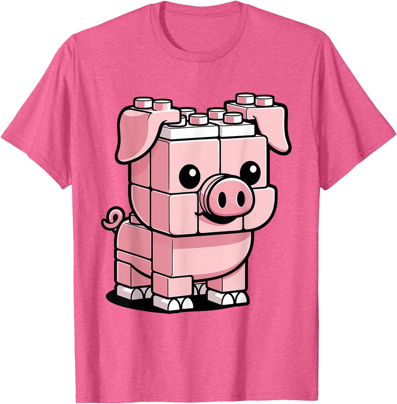 BlockPals DM Funny Pink Brick Pig Building Blocks Farm Animal Character T-Shirt - Pink Heather