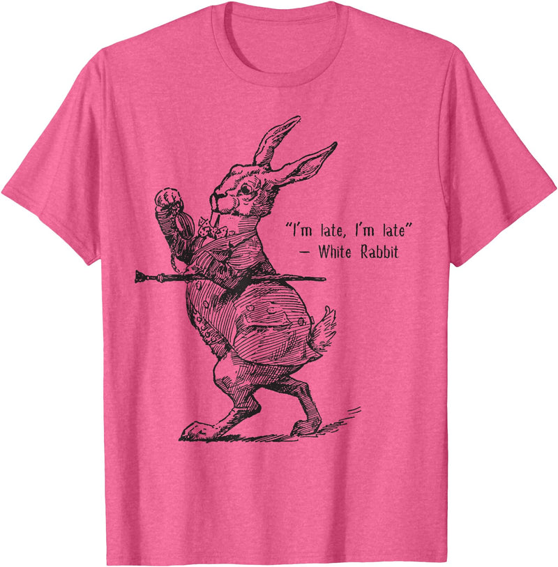 Retro Alice Wonderland White Rabbit I'm Late T-Shirt in Pink Heather