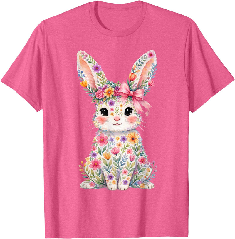Cute Pink Flower Bunny Rabbit Happy Easter Women Girls T-Shirt in Pink Heather