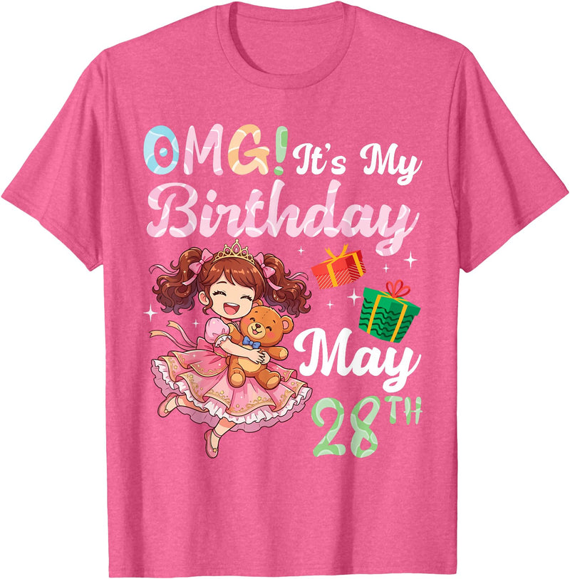 H1Shop Happy Birthday Born On May 28 OMG It's My Birthday Born On May 28th Girl with Present Bear T-Shirt - Pink Heather