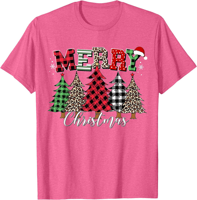 Merry Christmas Leopard Buffalo Red Plaid for Men Women T-Shirt - Pink Heather