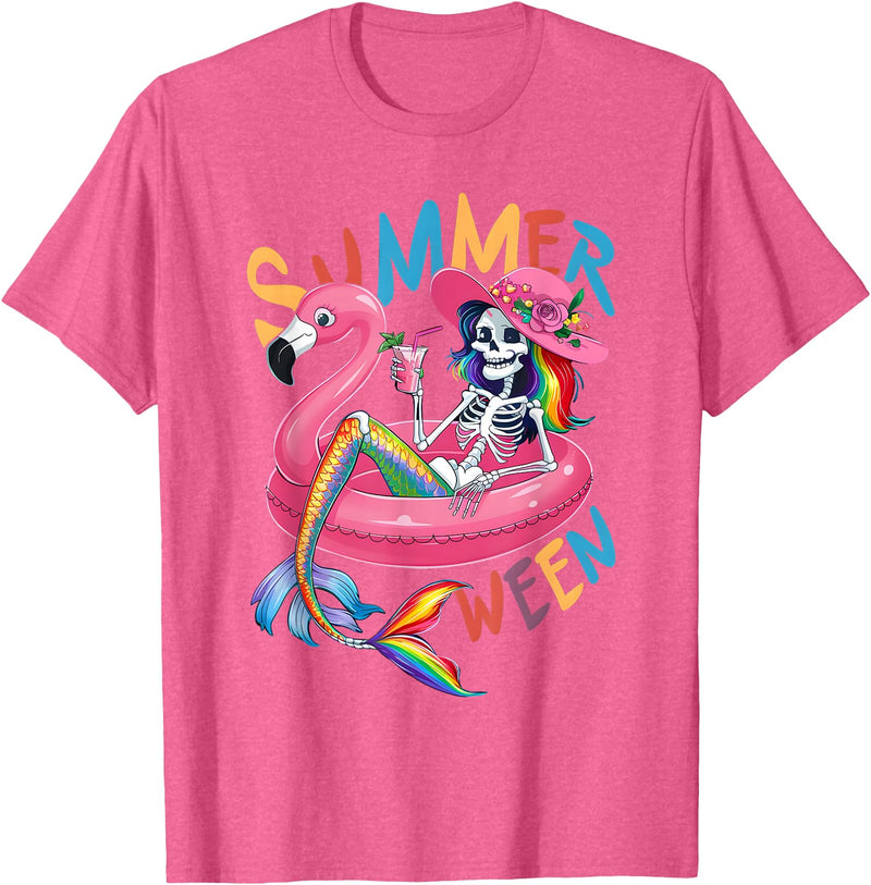 Summer Halloween Summerween Summerween Mermaid Skeleton Flamingo Summer Halloween Women T-Shirt - Pink Heather