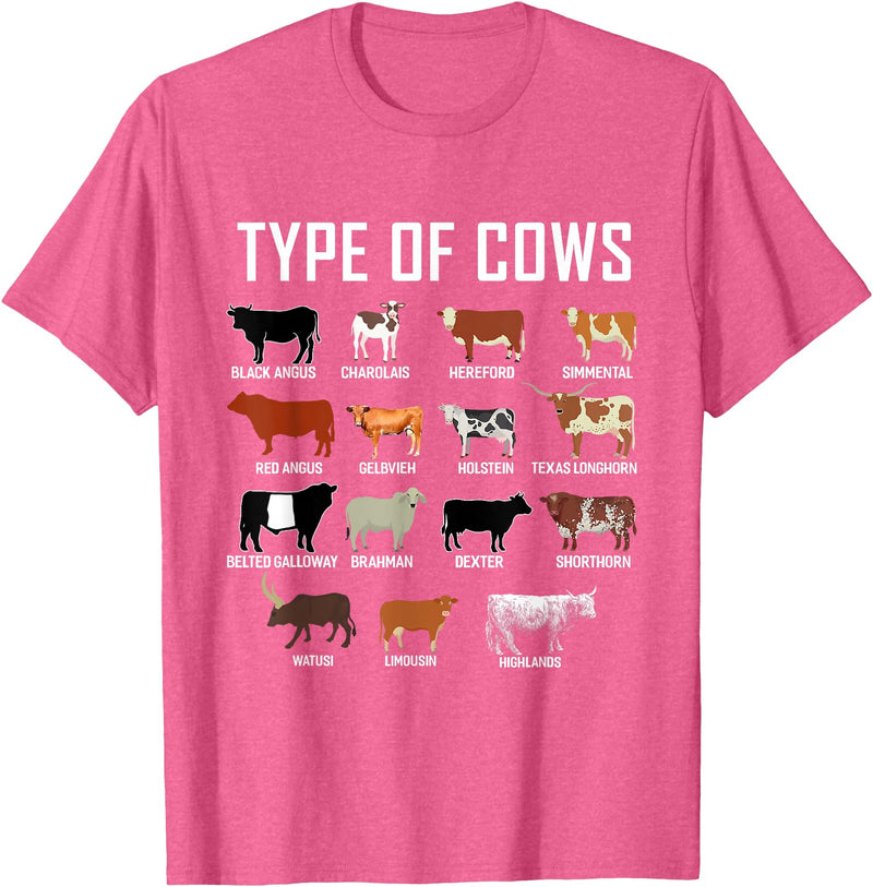 COW Designs By ShirtZilla Types of Cows Shirt Farmer Tee Shirt Costume Cow T-Shirt - Pink Heather